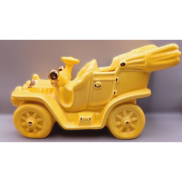 Oriole Brand Vintage Mustard Yellow with Gold Trim Convertible Car Planter - Picture 2 of 15